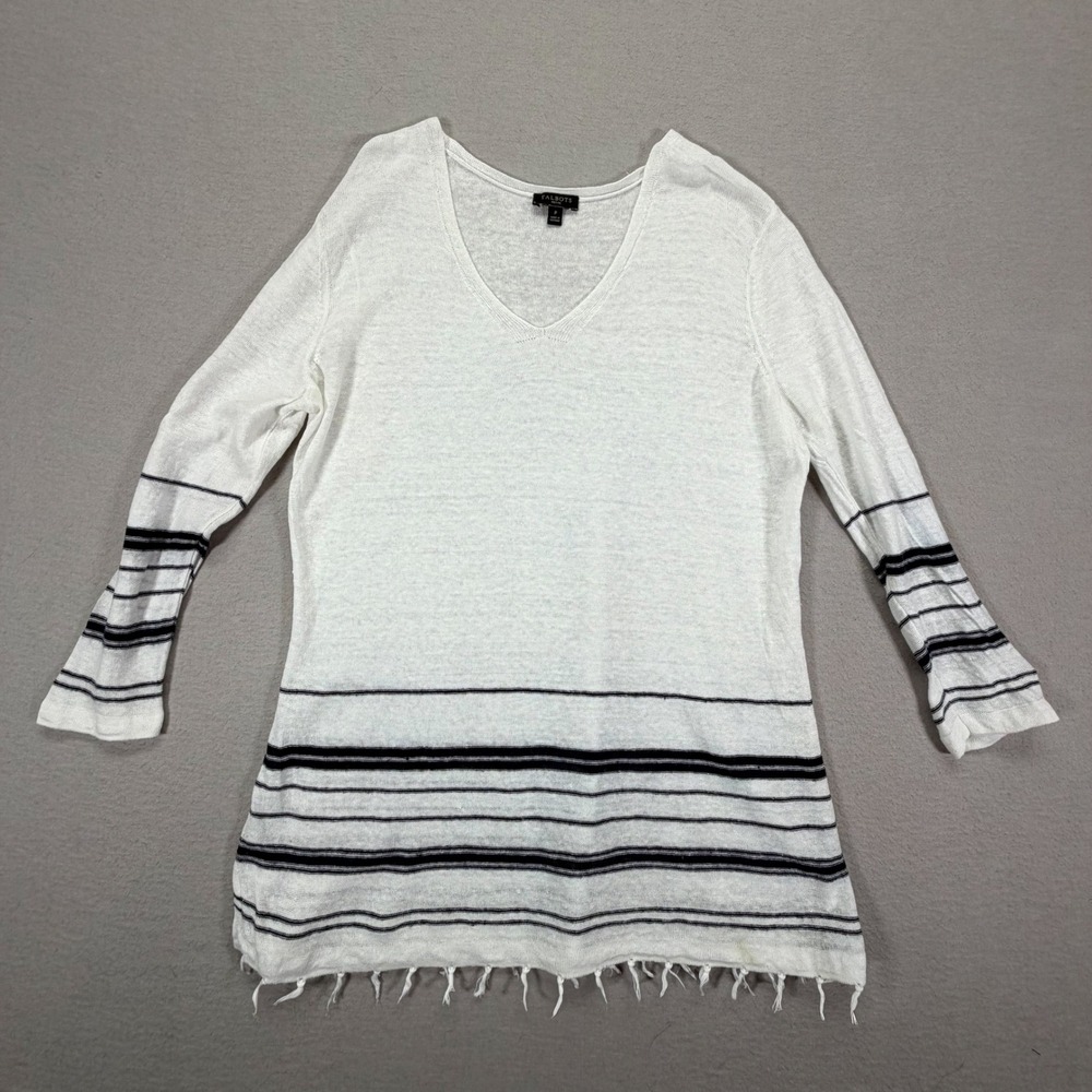 Talbots Sweater Womens Petite P White Linen Striped Fringe V-Neck
